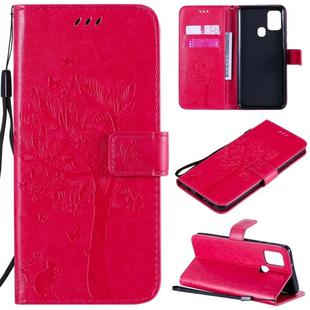 For Samsung Galaxy A21s Tree & Cat Embossed Pattern Horizontal Flip Leather Case with Holder & Card Slots & Wallet & Lanyard(Rose Red)