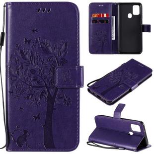 For Samsung Galaxy A21s Tree & Cat Embossed Pattern Horizontal Flip Leather Case with Holder & Card Slots & Wallet & Lanyard(Purple)