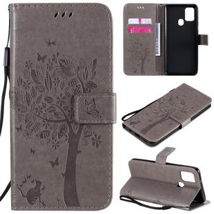 For Samsung Galaxy A21s Tree & Cat Embossed Pattern Horizontal Flip Leather Case with Holder & Card Slots & Wallet & Lanyard(Grey)