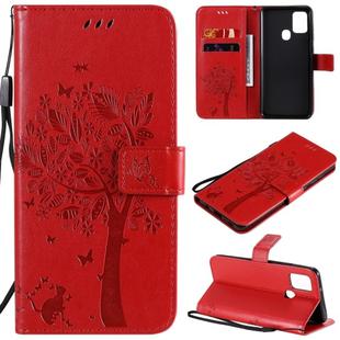 For Samsung Galaxy A21s Tree & Cat Embossed Pattern Horizontal Flip Leather Case with Holder & Card Slots & Wallet & Lanyard(Red)
