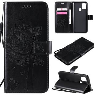 For Samsung Galaxy A21s Tree & Cat Embossed Pattern Horizontal Flip Leather Case with Holder & Card Slots & Wallet & Lanyard(Black)
