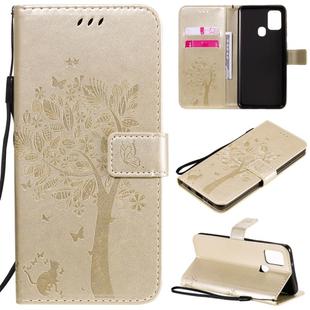 For Samsung Galaxy A21s Tree & Cat Embossed Pattern Horizontal Flip Leather Case with Holder & Card Slots & Wallet & Lanyard(Gold)