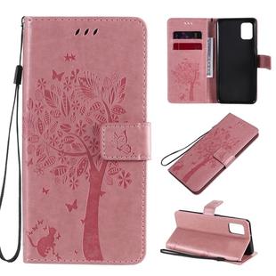 For Samsung Galaxy A31 Tree & Cat Embossed Pattern Horizontal Flip Leather Case with Holder & Card Slots & Wallet & Lanyard(Pink)