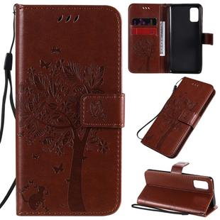 For Samsung Galaxy A41 Tree & Cat Embossed Pattern Horizontal Flip Leather Case with Holder & Card Slots & Wallet & Lanyard(Coffee)