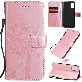 For Samsung Galaxy A41 Tree & Cat Embossed Pattern Horizontal Flip Leather Case with Holder & Card Slots & Wallet & Lanyard(Rose Gold)