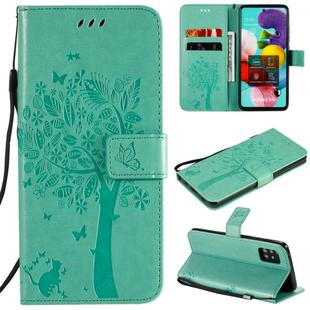 For Samsung Galaxy A51 5G Tree & Cat Embossed Pattern Horizontal Flip Leather Case with Holder & Card Slots & Wallet & Lanyard(Green)
