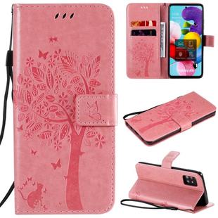 For Samsung Galaxy A51 5G Tree & Cat Embossed Pattern Horizontal Flip Leather Case with Holder & Card Slots & Wallet & Lanyard(Pink)