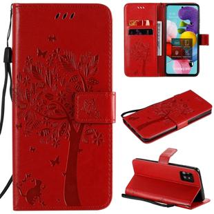 For Samsung Galaxy A51 5G Tree & Cat Embossed Pattern Horizontal Flip Leather Case with Holder & Card Slots & Wallet & Lanyard(Red)