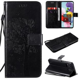 For Samsung Galaxy A51 5G Tree & Cat Embossed Pattern Horizontal Flip Leather Case with Holder & Card Slots & Wallet & Lanyard(Black)