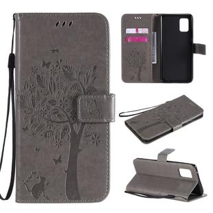 For Samsung Galaxy A71 5G Tree & Cat Embossed Pattern Horizontal Flip Leather Case with Holder & Card Slots & Wallet & Lanyard(Grey)