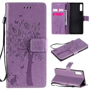 For Sony Xperia L4 Tree & Cat Embossed Pattern Horizontal Flip Leather Case with Holder & Card Slots & Wallet & Lanyard(Light Purple)