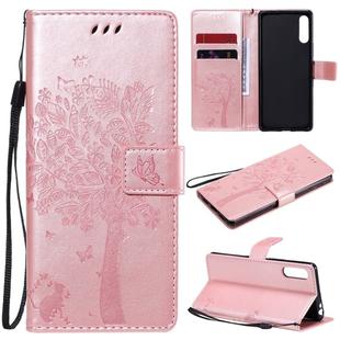 For Sony Xperia L4 Tree & Cat Embossed Pattern Horizontal Flip Leather Case with Holder & Card Slots & Wallet & Lanyard(Rose Gold)