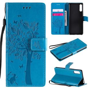 For Sony Xperia L4 Tree & Cat Embossed Pattern Horizontal Flip Leather Case with Holder & Card Slots & Wallet & Lanyard(Blue)