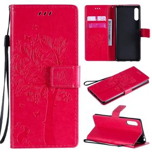 For Sony Xperia L4 Tree & Cat Embossed Pattern Horizontal Flip Leather Case with Holder & Card Slots & Wallet & Lanyard(Rose Red)