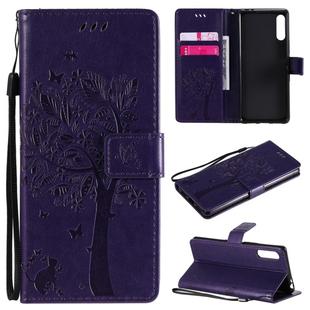For Sony Xperia L4 Tree & Cat Embossed Pattern Horizontal Flip Leather Case with Holder & Card Slots & Wallet & Lanyard(Purple)