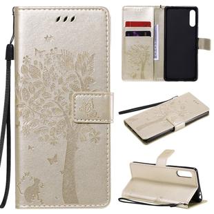 For Sony Xperia L4 Tree & Cat Embossed Pattern Horizontal Flip Leather Case with Holder & Card Slots & Wallet & Lanyard(Gold)