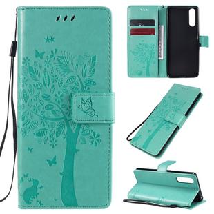 For Sony Xperia 10 II Tree & Cat Embossed Pattern Horizontal Flip Leather Case with Holder & Card Slots & Wallet & Lanyard(Green)