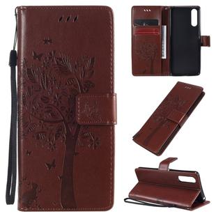 For Sony Xperia 10 II Tree & Cat Embossed Pattern Horizontal Flip Leather Case with Holder & Card Slots & Wallet & Lanyard(Coffee)