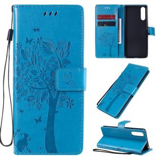 For Sony Xperia 10 II Tree & Cat Embossed Pattern Horizontal Flip Leather Case with Holder & Card Slots & Wallet & Lanyard(Blue)