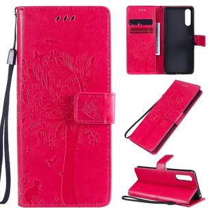 For Sony Xperia 10 II Tree & Cat Embossed Pattern Horizontal Flip Leather Case with Holder & Card Slots & Wallet & Lanyard(Rose Red)
