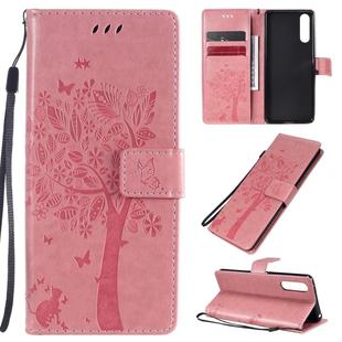 For Sony Xperia 10 II Tree & Cat Embossed Pattern Horizontal Flip Leather Case with Holder & Card Slots & Wallet & Lanyard(Pink)