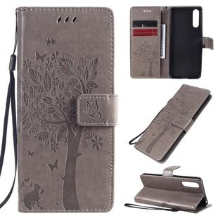 For Sony Xperia 10 II Tree & Cat Embossed Pattern Horizontal Flip Leather Case with Holder & Card Slots & Wallet & Lanyard(Grey)