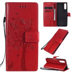 For Sony Xperia 10 II Tree & Cat Embossed Pattern Horizontal Flip Leather Case with Holder & Card Slots & Wallet & Lanyard(Red)