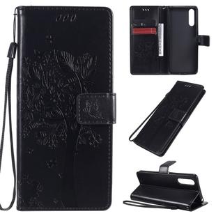 For Sony Xperia 10 II Tree & Cat Embossed Pattern Horizontal Flip Leather Case with Holder & Card Slots & Wallet & Lanyard(Black)