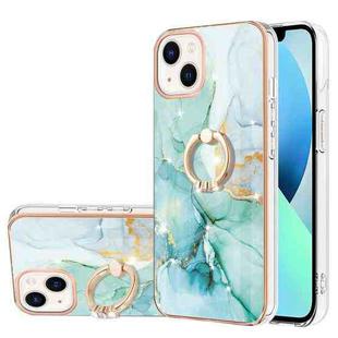 For iPhone 15 Electroplating Marble Pattern IMD TPU Shockproof Case with Ring Holder(Green 003)