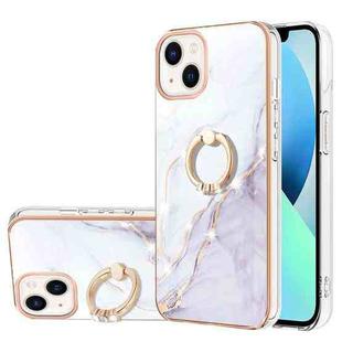 For iPhone 15 Plus Electroplating Marble Pattern IMD TPU Shockproof Case with Ring Holder(White 006)