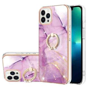 For iPhone 15 Pro Electroplating Marble Pattern IMD TPU Shockproof Case with Ring Holder(Purple 001)
