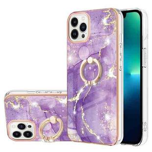 For iPhone 15 Pro Electroplating Marble Pattern IMD TPU Shockproof Case with Ring Holder(Purple 002)