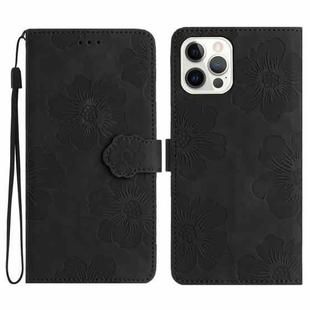 For iPhone 15 Pro Flower Embossing Pattern Leather Phone Case(Black)