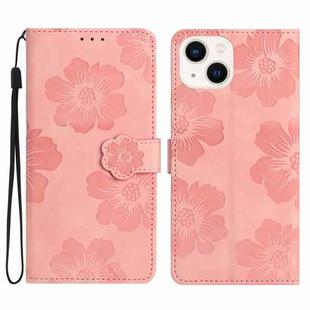 For iPhone 15 Flower Embossing Pattern Leather Phone Case(Pink)