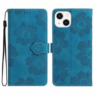 For iPhone 14 Flower Embossing Pattern Leather Phone Case(Blue)