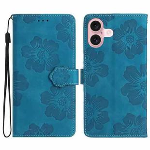 For iPhone 16 Flower Embossing Pattern Leather Phone Case(Blue)