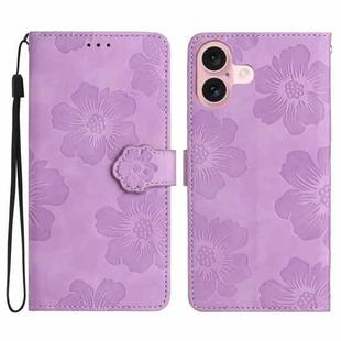 For iPhone 16 Flower Embossing Pattern Leather Phone Case(Purple)