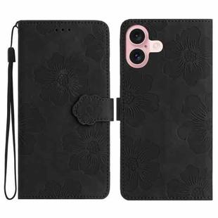 For iPhone 16 Flower Embossing Pattern Leather Phone Case(Black)