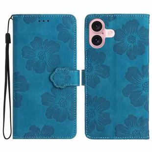 For iPhone 16 Plus Flower Embossing Pattern Leather Phone Case(Blue)