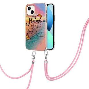 For iPhone 15 Electroplating Pattern IMD TPU Shockproof Case with Neck Lanyard(Dream Chasing Butterfly)