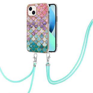 For iPhone 15 Plus Electroplating Pattern IMD TPU Shockproof Case with Neck Lanyard(Colorful Scales)