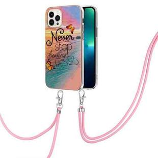 For iPhone 15 Pro Electroplating Pattern IMD TPU Shockproof Case with Neck Lanyard(Dream Chasing Butterfly)
