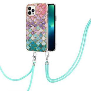For iPhone 15 Pro Max Electroplating Pattern IMD TPU Shockproof Case with Neck Lanyard(Colorful Scales)