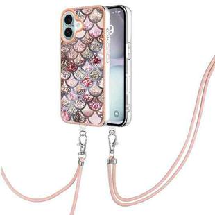 For iPhone 16 Plus Electroplating Pattern IMD TPU Shockproof Case with Neck Lanyard(Pink Scales)