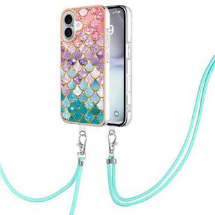 For iPhone 16 Plus Electroplating Pattern IMD TPU Shockproof Case with Neck Lanyard(Colorful Scales)