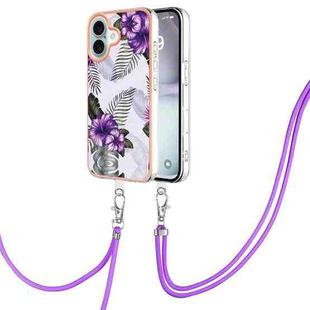 For iPhone 16 Plus Electroplating Pattern IMD TPU Shockproof Case with Neck Lanyard(Purple Flower)