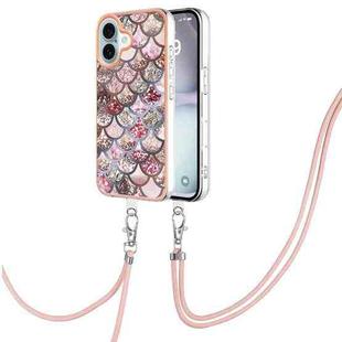 For iPhone 16 Electroplating Pattern IMD TPU Shockproof Case with Neck Lanyard(Pink Scales)