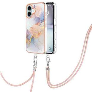 For iPhone 16 Electroplating Pattern IMD TPU Shockproof Case with Neck Lanyard(Milky Way White Marble)