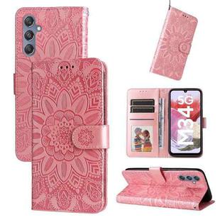 For Samsung Galaxy M34 5G Embossed Sunflower Leather Phone Case(Rose Gold)