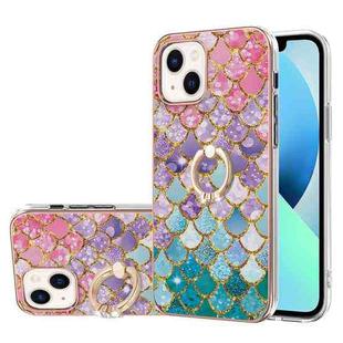 For iPhone 15 Plus Electroplating Pattern IMD TPU Shockproof Case with Rhinestone Ring Holder(Colorful Scales)